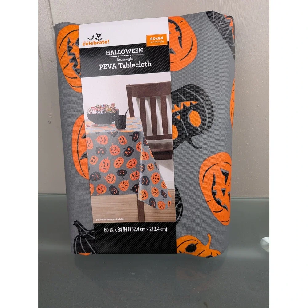 Way to Celebrate Halloween Pumpkin PEVA Tablecloth 60x84 Rectangle Gray Orange